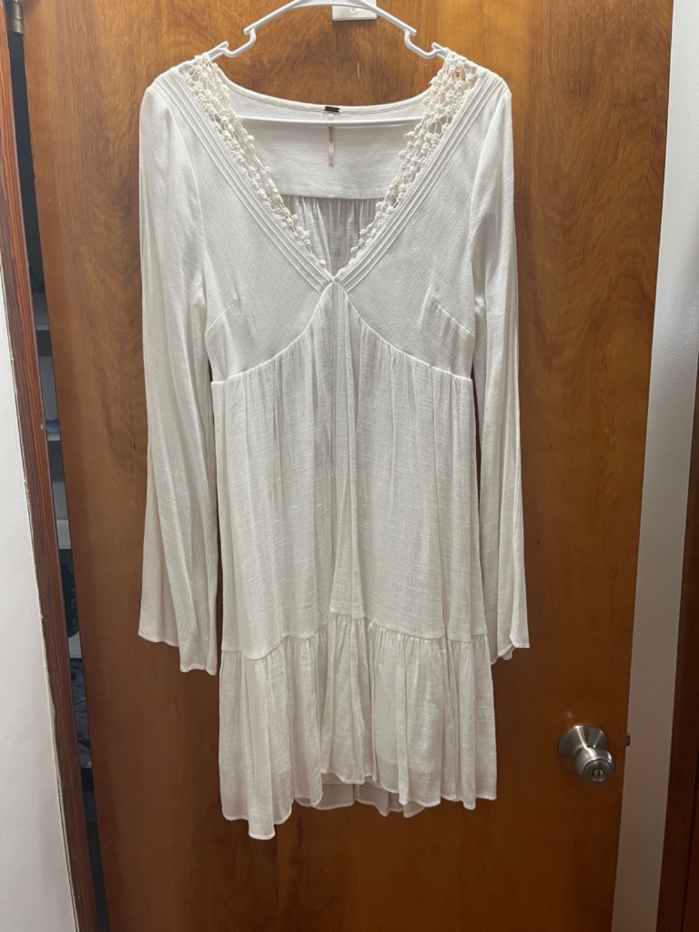 Free People Cream Lace-Trim V-Neck Tiered Long Sleeve Dress
